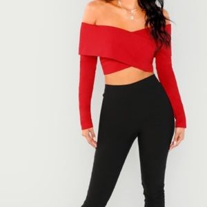 Red Cropped, Off- Shoulder Top Criss-Cross